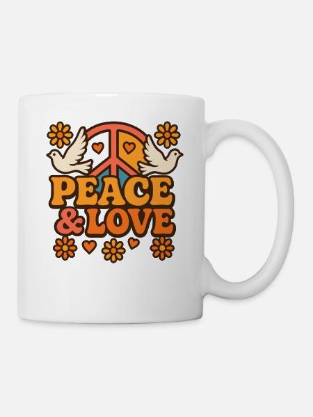 Retro Hippie Design mit Tauben und Peace Symbol - Tasse - Weiß