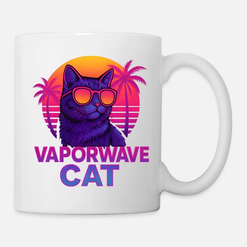 Chat Vaporwave avec coucher de soleil - Mug blanc - blanc