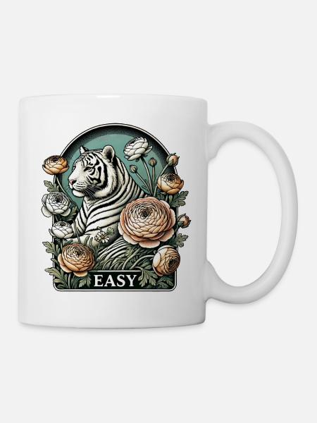 Elegant White Tiger with Floral Accents - Mug - white