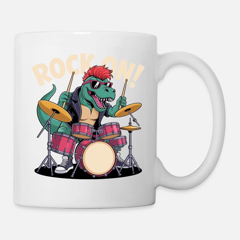 Punk Rock T-Rex Dinosaur Drummer - Percussion - Mug - white