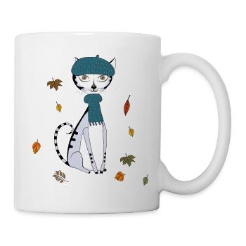 Cat in autumn with woolen hat - Mug - white - Right