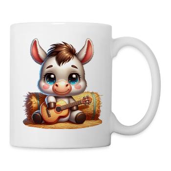 Cute donkey with guitar on straw bale - Mug - white - Right
