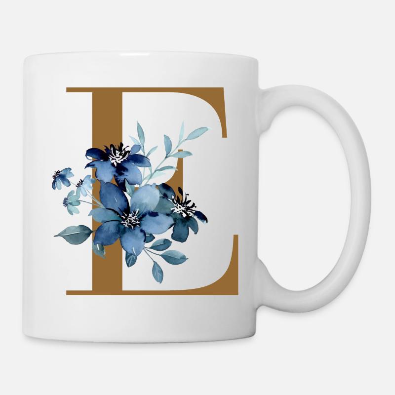 Floral E – Golden Letter with Flowers - Mug - white