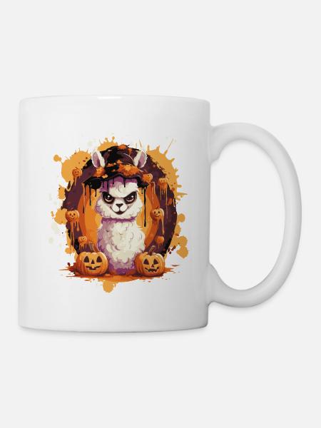 Halloween Llama im Kürbis-Splatter - Tasse - Weiß
