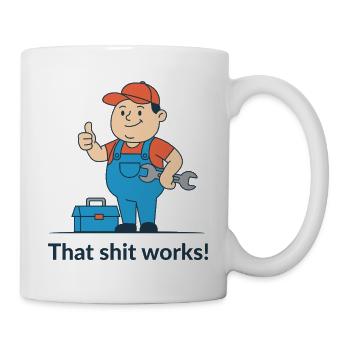 Werkzeugheld Cartoon Motiv. Endlich funktionierts! - Tasse - Weiß - Rechts