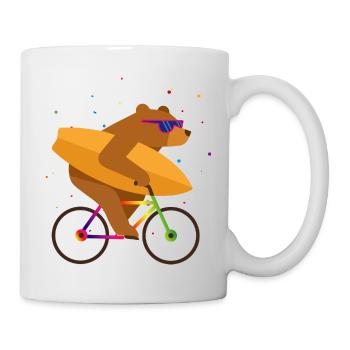 Bear on bicycle with surfboard and sunglasses - Mug - white - Right