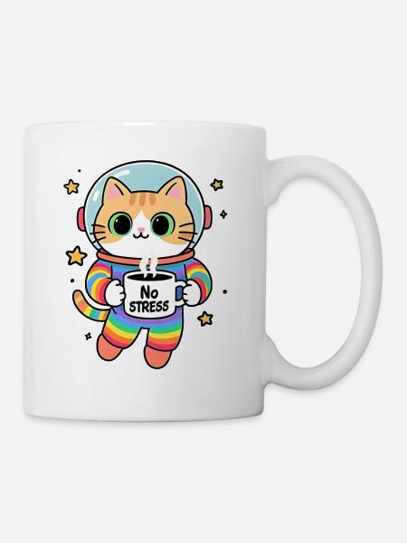 Stressfreie Regenbogen-Astronautenkatze - Tasse - Weiß