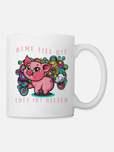 Pinkes Schwein mit bunten Ballons (Furtz) - Tasse - Weiß