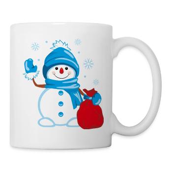 Schneemann mit einer Tasche voller Geschenke winkt - Tasse - Weiß - Rechts