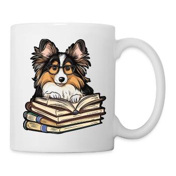 Mignon livre de lecture de chien Sheltie avec des lunettes - Mug blanc - blanc - Droite