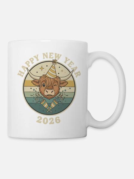 Chapeau drôle de fête du Nouvel An 2026 de la vache Highland - Mug blanc - blanc