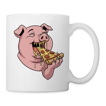 Dessin animé Drôle de cochon mangeant de la pizza Fast Food - Mug blanc - blanc - Droite