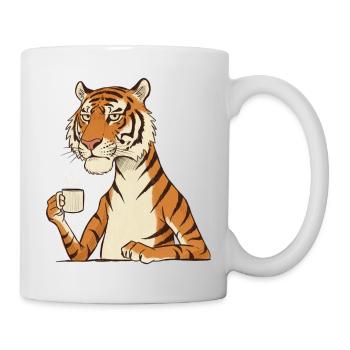 Müder Tiger mit Kaffee – Lustiges Motiv - Tasse - Weiß - Rechts