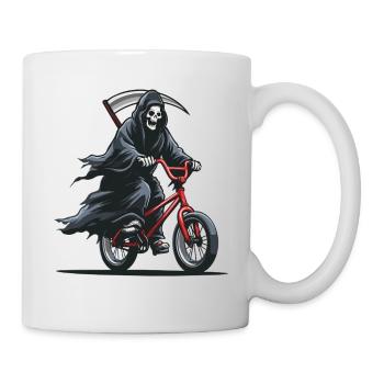 Sensenmann auf Fahrrad – dunkles Humor Motiv - Tasse - Weiß - Rechts