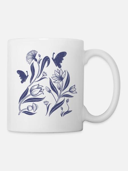 Blaues Blütenmuster im Folk Art Stil - Tasse - Weiß