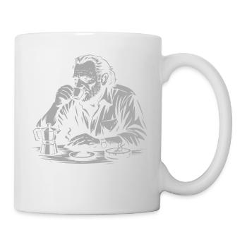 Charles Bukowski drinking coffee at the cafe - Mug - white - Right