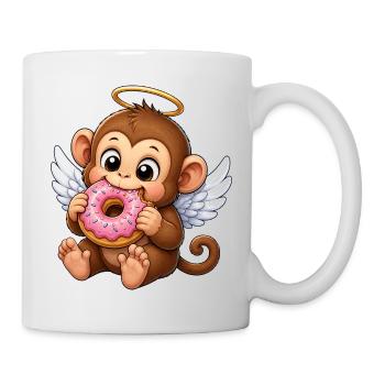 Dessin animé singe singe chimpanzé ange et beignet grignotant - Mug blanc - blanc - Droite