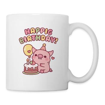 Süßes Schwein mit Geburtstagstorte, Wortspiel zum Geburtstagsglück - Tasse - Weiß - Rechts