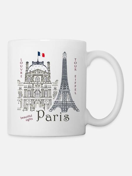 Paris, Zeichnung Louvre & Eiffelturm - Tasse - Weiß