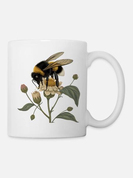 Hummel auf Blüte – Botanisches Vintage Motiv - Tasse - Weiß
