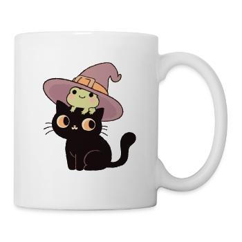 Schwarze Katze im Hexenhut mit Frosch  - Tasse - Weiß - Rechts
