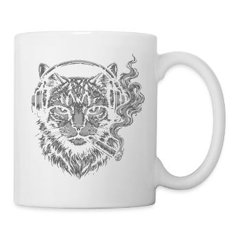 Katze mit Kopfhörern rauchende Zigarre - Tasse - Weiß - Rechts