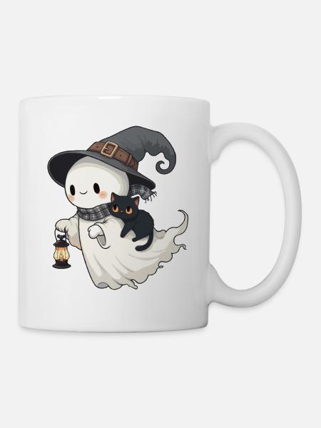 Süßer Hexengeist mit Schwarzer Katze - Tasse - Weiß