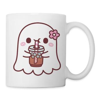 Süßer Geist mit rosa Blume trinkt Eiskaffee - Tasse - Weiß - Rechts