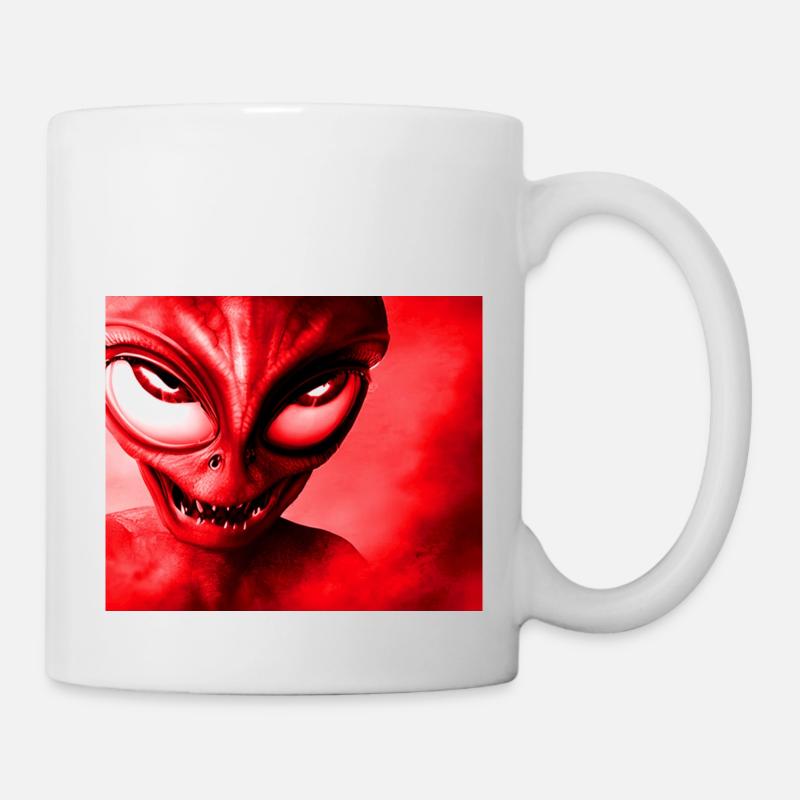 Alien with Sharp Teeth Design - Red - Mug - white