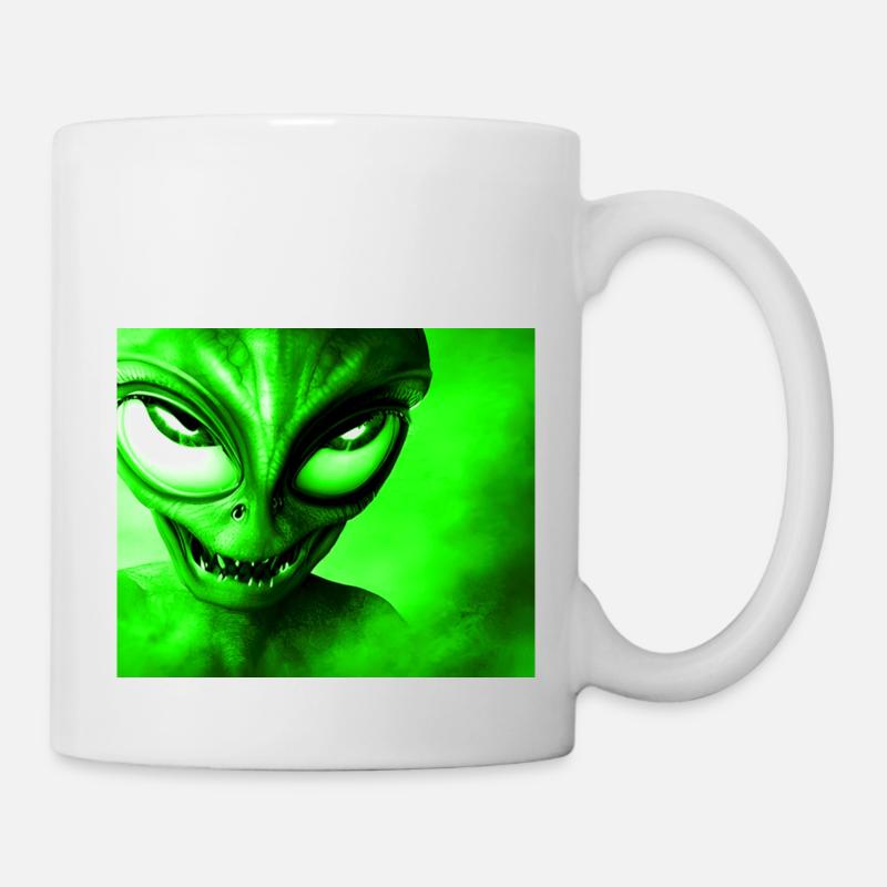 Alien with Sharp Teeth Design - Green - Mug - white