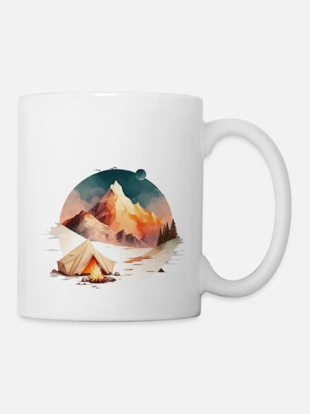 Zelt und Lagerfeuer in den Bergen für Camper - Tasse - Weiß