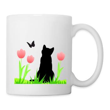 Frühlingsdesign - Katze, Tulpen, Schmetterling - Tasse - Weiß - Rechts