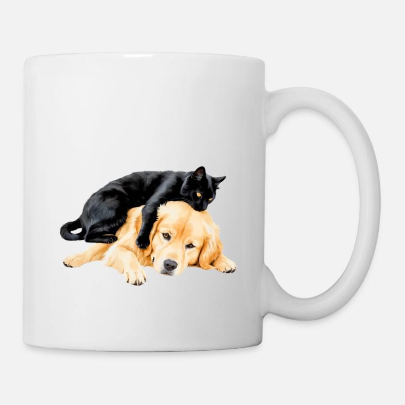 Schwarze Katze und golden retriever - Tasse - Weiß