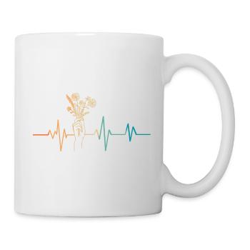 Retro heartbeat hand holding flowers - Mug - white - Right