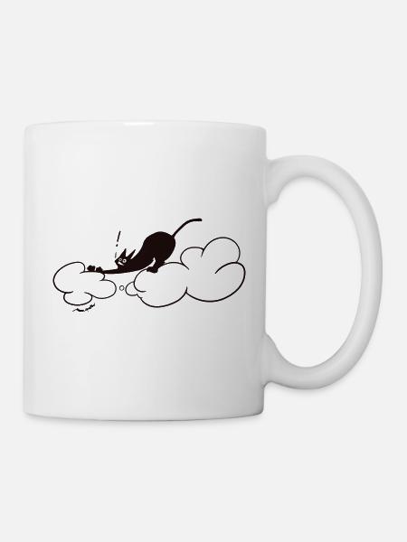 Cute Black Cat on Clouds Minimal Cat Illustration - Mug - white