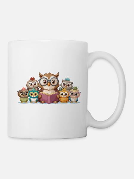 Niedliche Eulenfamilie liest gemeinsam Geschichte Kunst - Tasse - Weiß