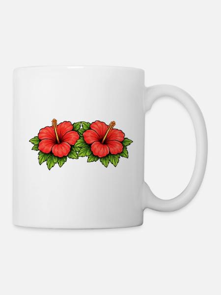 Doppel Hibiskus Tropen Muster - Tasse - Weiß