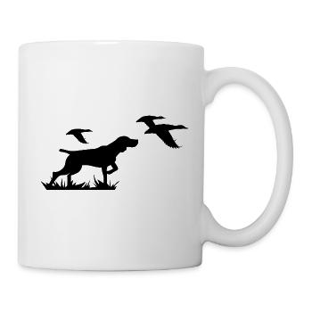 Laufender Hund Silhouette mit Vögeln - Entenjagd - Tasse - Weiß - Rechts