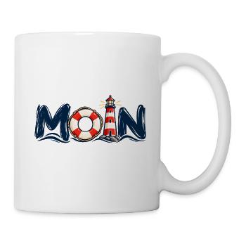 Moin mit Rettungsring und Leuchtturm | Küstenliebe - Tasse - Weiß - Rechts