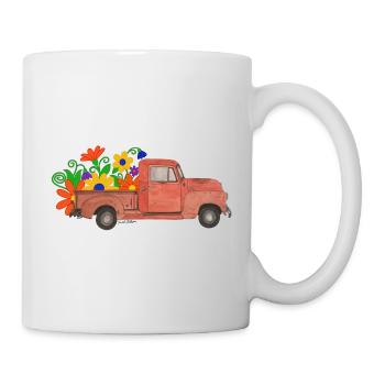 roter Pickup mit bunten Blumen - Tasse - Weiß - Rechts