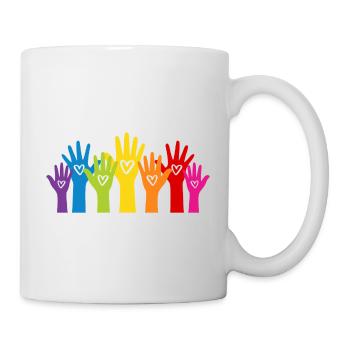 Colorful Hands with Hearts - Everyone is welcome here - Mug - white - Right