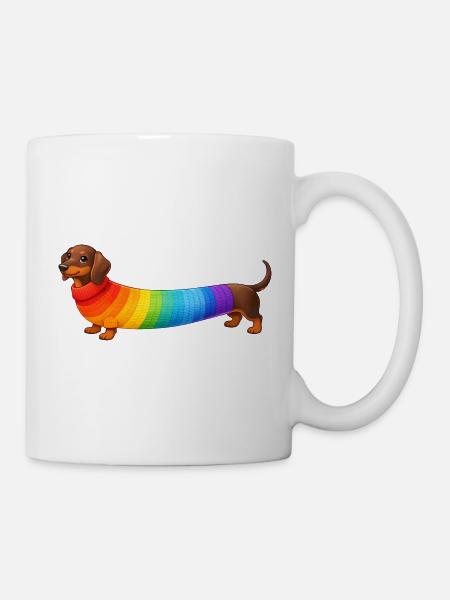 Dackel mit Regenbogen Pullover - Tasse - Weiß