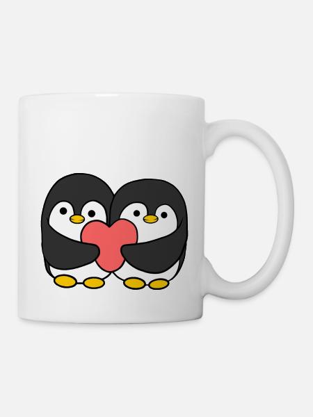 Cartoon penguin couple holding a heart - Mug - white