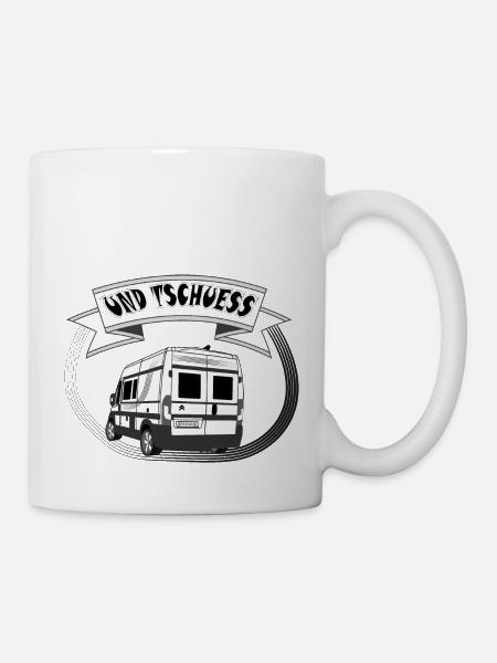 Kastenwagen von hinten "Und Tschuess" weiß - Tasse - Weiß