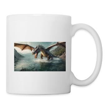 Un méchant dragon noir réaliste chasse la rivière de poissons - Mug blanc - blanc - Droite