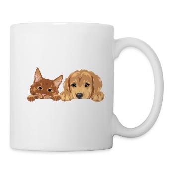 Guckende Ingwerkatze und Golden Retriever Welpe - Tasse - Weiß - Rechts