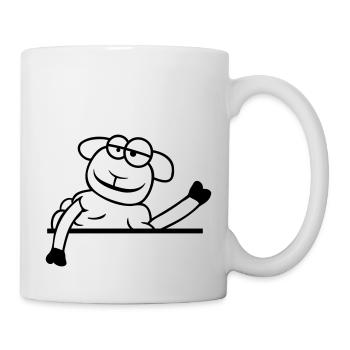 Schaf Winkt Hinter Mauer Zaun Schild Cool Lächeln - Tasse - Weiß - Rechts
