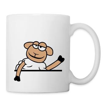 Schaf Winkt Hinter Mauer Zaun Schild Cool Lächeln - Tasse - Weiß - Rechts