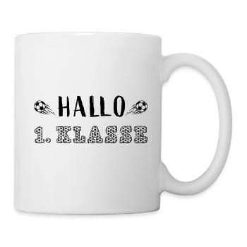 Hallo 1. Klasse! Einschulung Erstklässler Fußball - Tasse - Weiß - Rechts