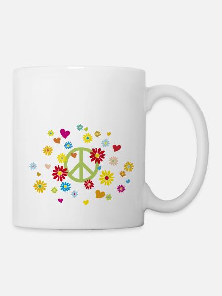 Peace-Zeichen Blumen Herz Blumenkind Valentinstag - Tasse - Weiß